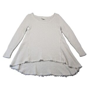 Kaisely Sweater M Cream Frayed Hem Waffle Knit High Low Hem Tunic Boho Relaxed